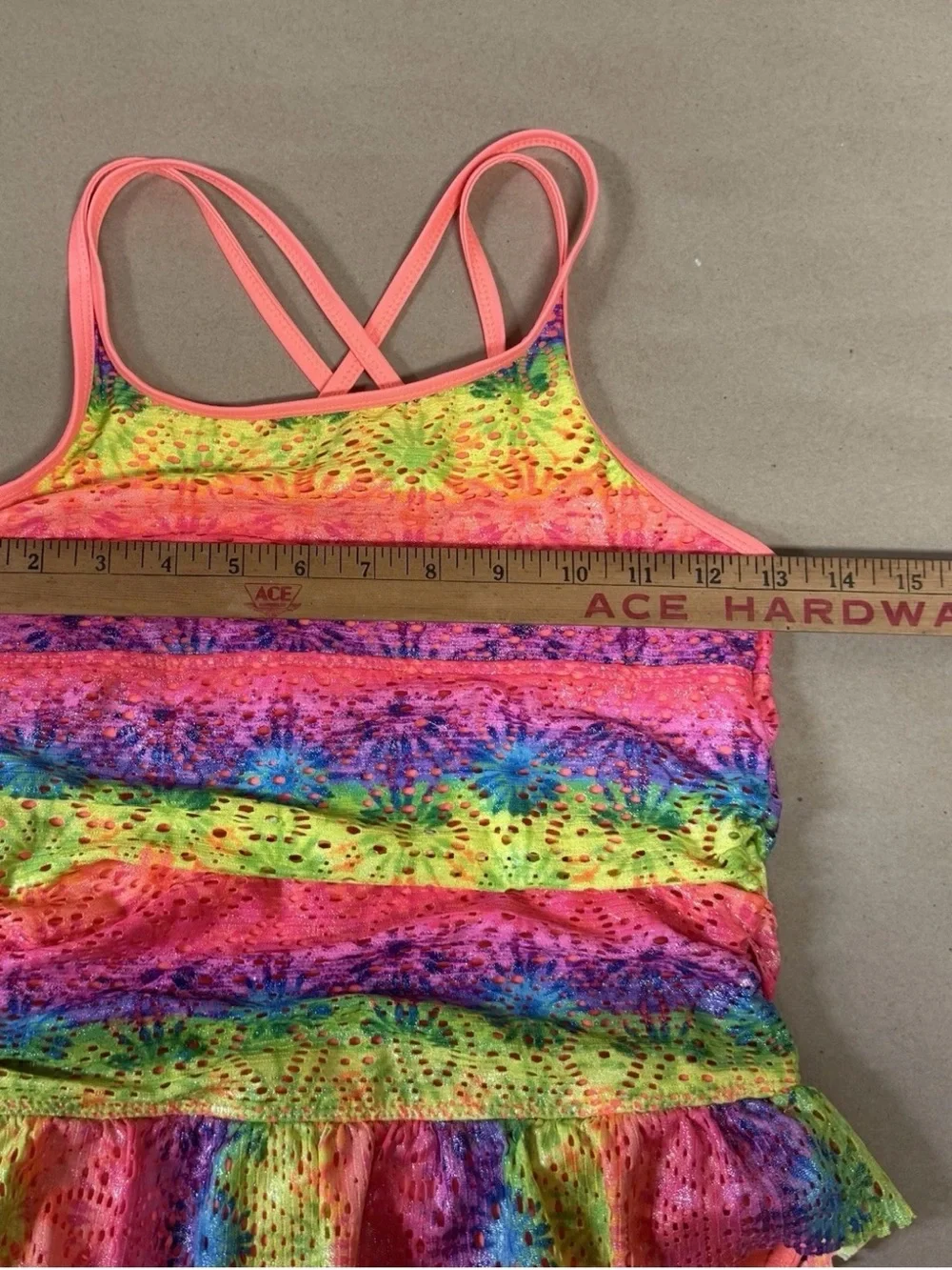 Wonder Nation Girls' Neon Tie-Dye Lace Ruffle Tankini One Piece XL 14/16